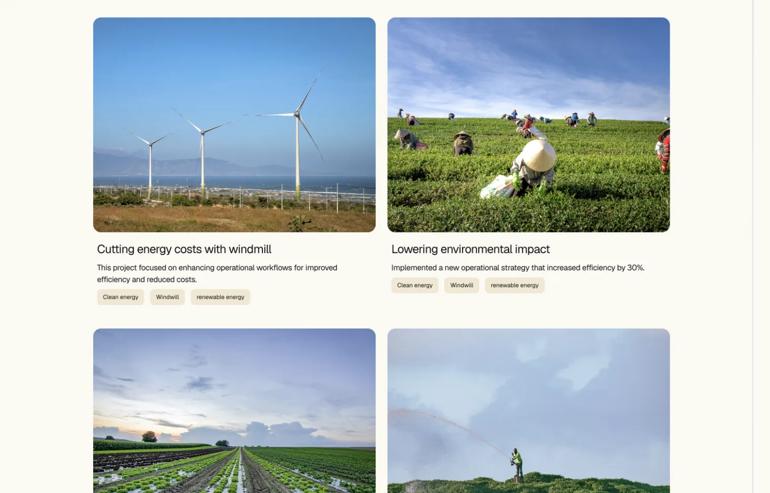 Galeria de casos de estudo de um website, com fotografias, títulos e etiquetas por tema